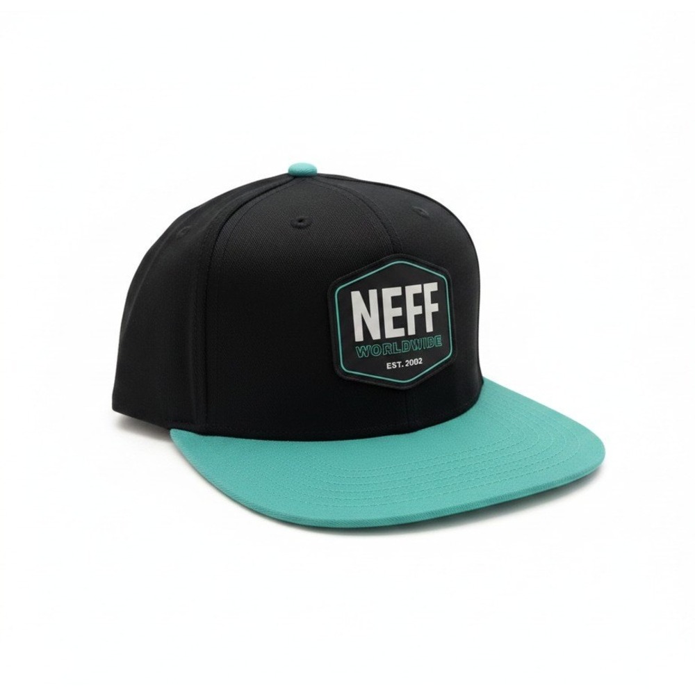 Neff Worldwide Snapback Hat Black Teal Blue Flat Brim Logo Skate Cap Mens OSFM